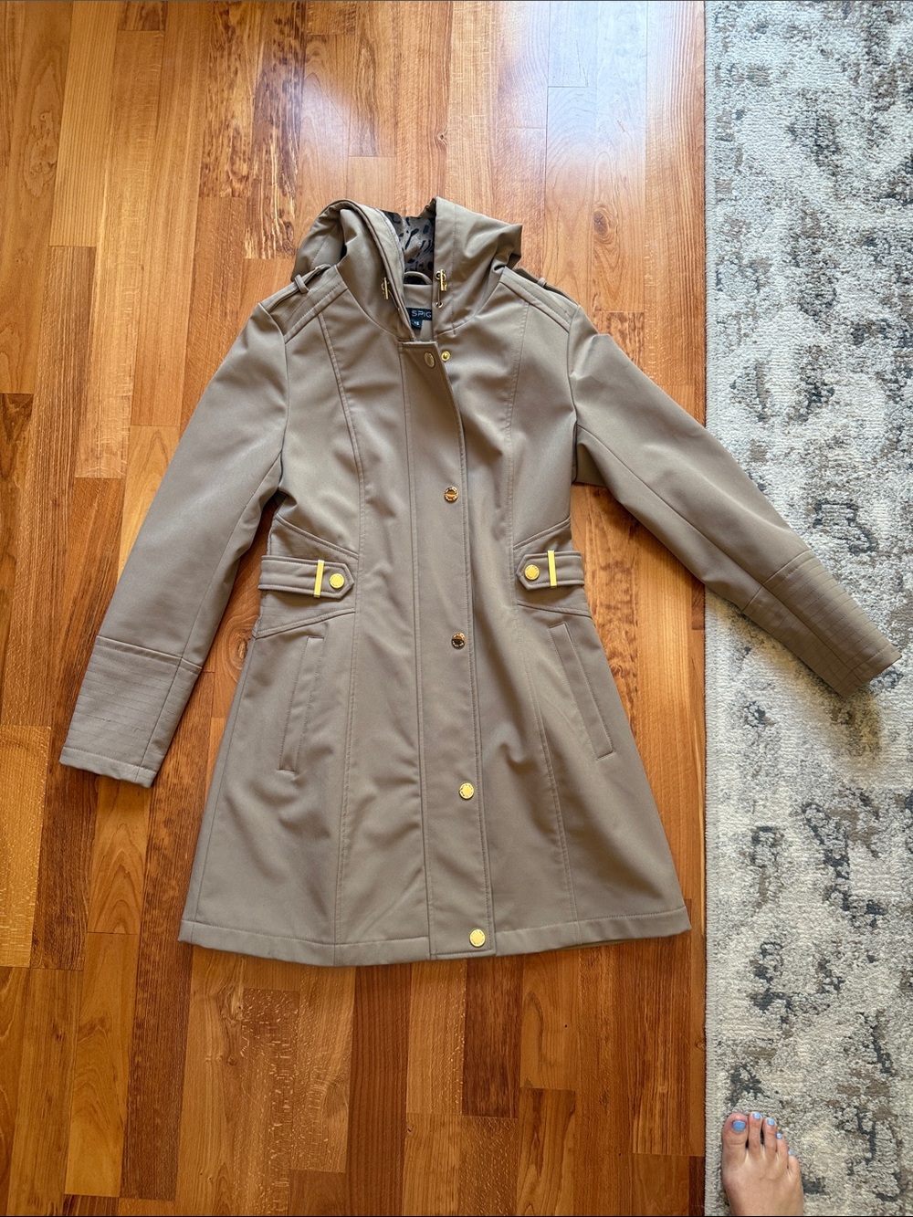 Via Spiga Taupe Hooded Trench Coat with Gold Hardware
